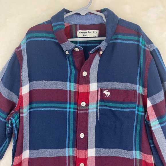 Abercrombie Kids Boys Flannel Shirt Size 13-14 Red Blue White Plaid Long Sleeve - Picture 2 of 15
